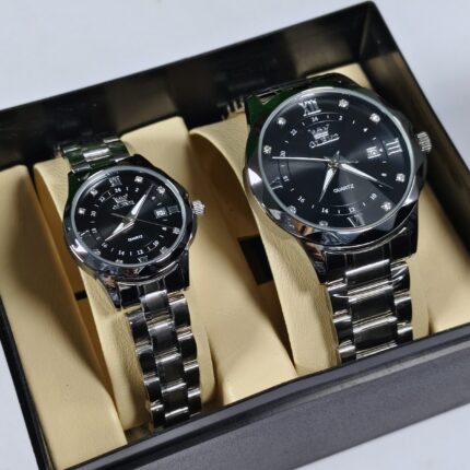 Olevs 3709 Couple Watch - Silver Black